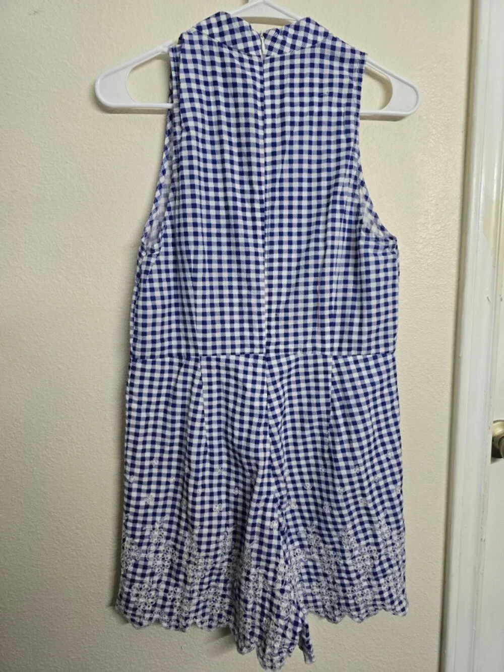 entro Large Blue Gingham Sleeveless Top Embroidered Hem Romper